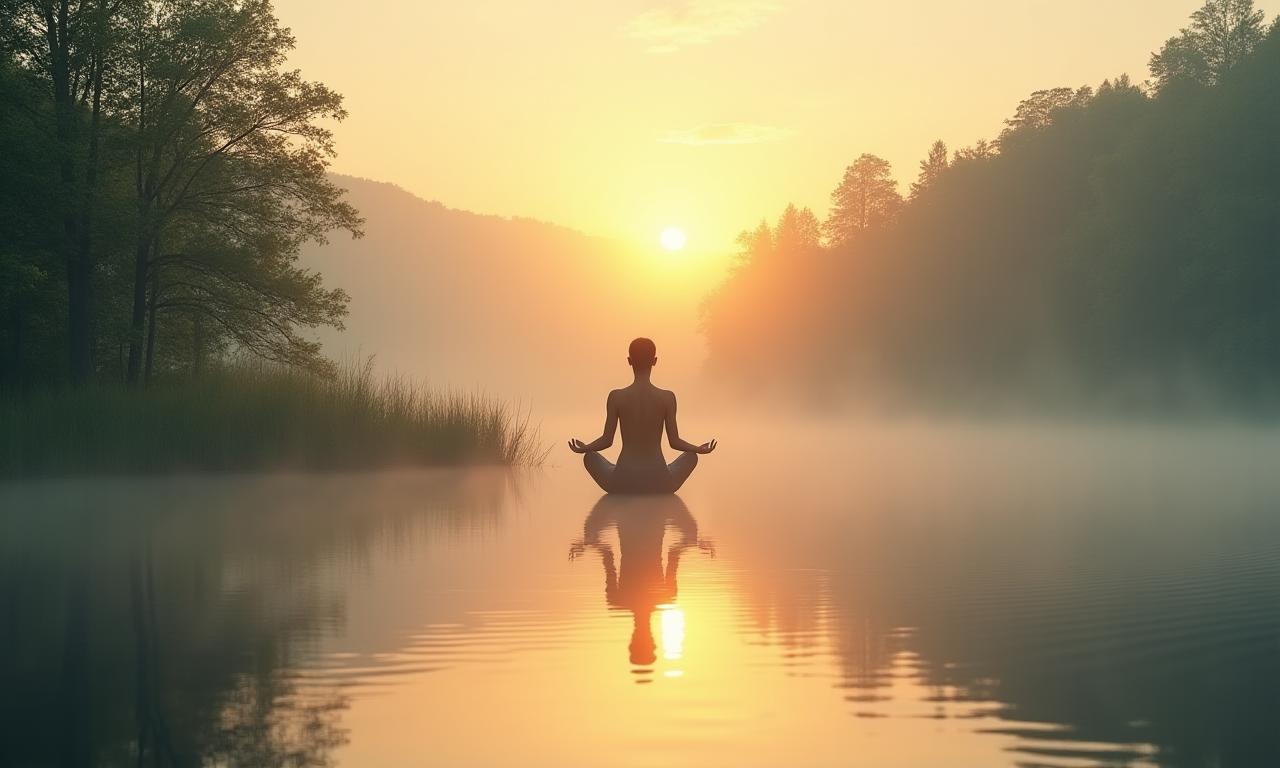 A serene landscape with a person in a calm yoga pose at sunrise.